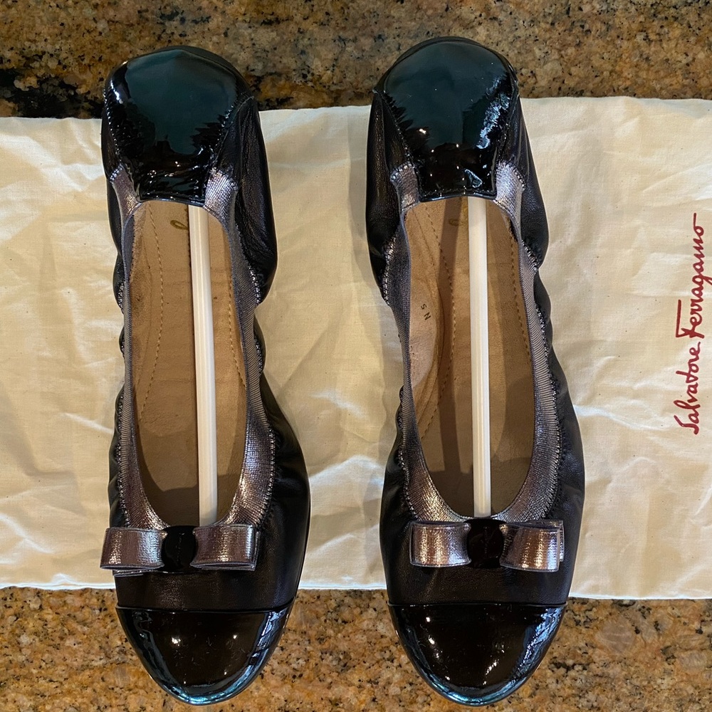Ferragamo Ballet Flats Black/Silver 9.5 BRAND NEW